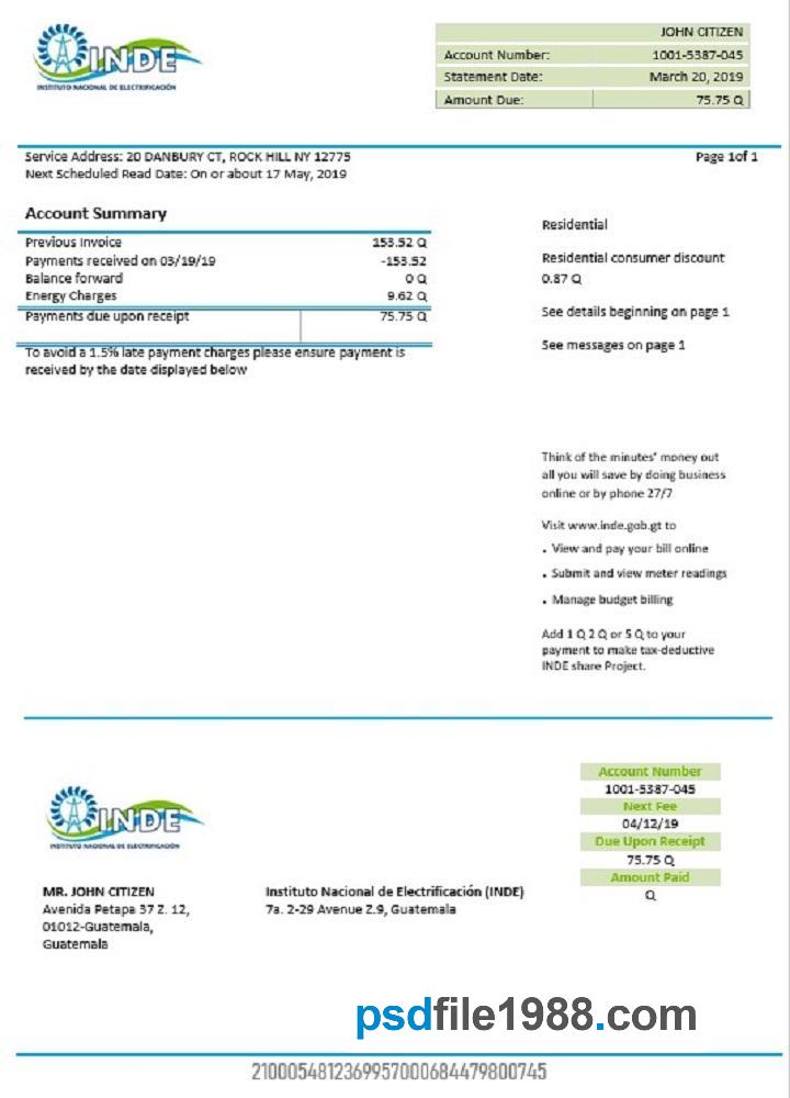 Guatemala INDE Instituto Nacional de Electrificacion Electricity Utility Bill